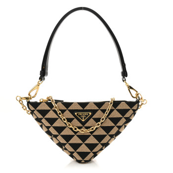 PRADA Jacquard Calfskin Triangolo Symbole Embroidered Mini Triangle Double Bag Black Corda