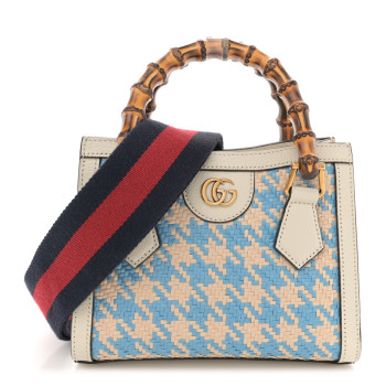 GUCCI Raffia Textured Dollar Calfskin Web Houndstooth Mini Diana Tote Bag Light Blue Natural Deep Orange