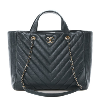 CHANEL Calfskin Chevron Quilted Large Shopping Tote Blue