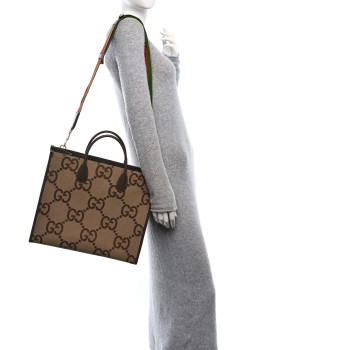 GUCCI Monogram Jumbo GG Textured Dollar Calfskin Web Tote Bag Camel Ebony New Acero