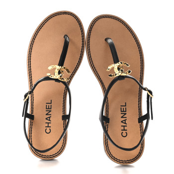 CHANEL Lambskin CC Thong Sandals 38 Black Gold
