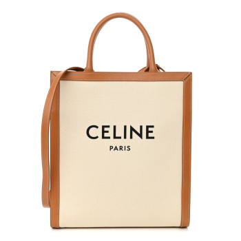 CELINE Canvas Calfskin Logo Print Small Vertical Cabas Natural Tan