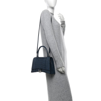 BALENCIAGA Shiny Calfskin Crocodile Embossed Medium Hourglass Top Handle Bag Denim Blue