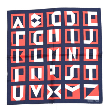 HERMES Silk Lettres Au Carre Scarf 45 Blanc Marine Rouge