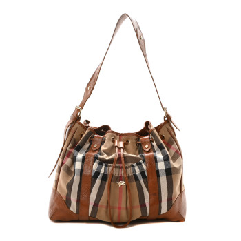 BURBERRY House Check Bridle Calfskin Hobo Brown