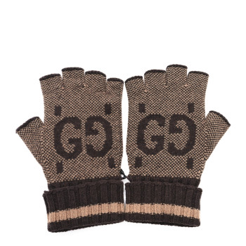 GUCCI Cashmere GG Fingerless Gloves L Beige Dark Brown