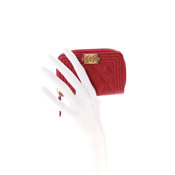 CHANEL Caviar Quilted Boy Zip Around Coin Purse Wallet Red