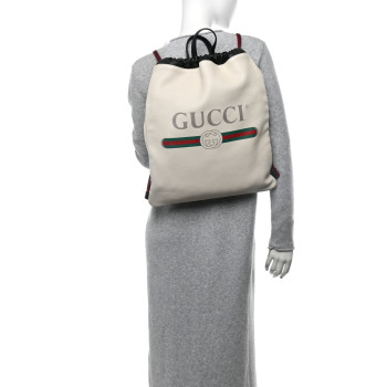 GUCCI Calfskin Logo Drawstring Backpack Mystic White