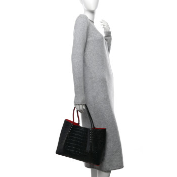 CHRISTIAN LOUBOUTIN Crocodile Embossed Calfskin Spiked Small Cabarock Shopper Tote Black