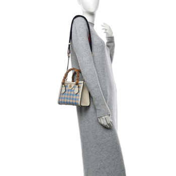 GUCCI Raffia Textured Dollar Calfskin Web Houndstooth Mini Diana Tote Bag Light Blue Natural Deep Orange