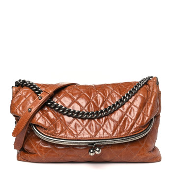 CHANEL Glazed Calfskin Quilted Foldover Kiss Lock Shoulder Bag Brown