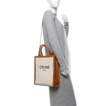 CELINE Canvas Calfskin Logo Print Small Vertical Cabas Natural Tan