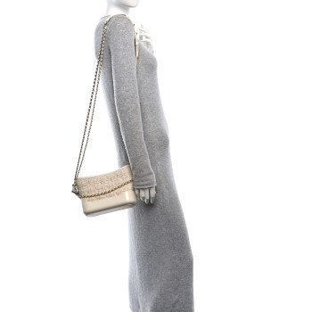 CHANEL Tweed Calfskin Quilted Small Gabrielle Hobo Beige Ivory