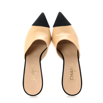 CHANEL Goatskin Grosgrain Cap Toe Pearl Mule 39 Beige Black