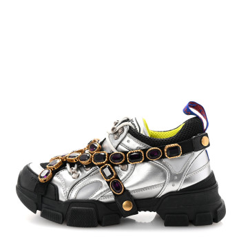 GUCCI X SEGA Metallic Calfskin Mesh Removable Crystals Womens Flashtrek Sneakers 38 Silver Black