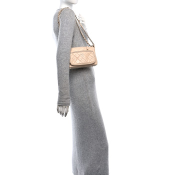CHANEL Shiny Crumpled Lambskin Quilted Small Clutch With Chain  Light Beige