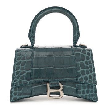 BALENCIAGA Shiny Calfskin Crocodile Embossed Hourglass Top Handle Bag XS Denim Blue