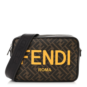 FENDI Shiny Glazed Fabric Vitello Cover FF 1974 Logo Medium Camera Case Tobacco Moro Giallo Ebano