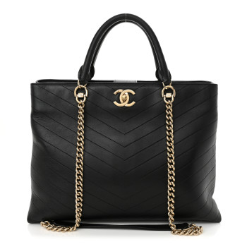 CHANEL Calfskin Chevron Quilted Large Shopping Tote  Black