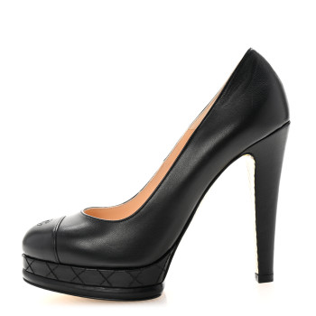 CHANEL Lambskin CC Cap Toe Platform Pumps 38.5 Black