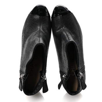 CHANEL Metallic Tweed Patent Cap Toe CC Ankle Booties 38 Black