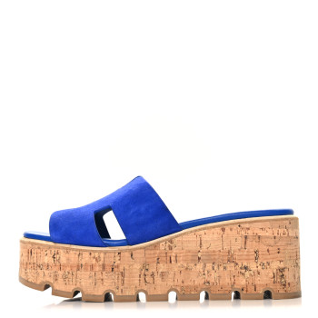 HERMES Suede Goatskin Cork Eze 30 Sandals 38 Bleu Ocean