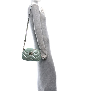 GUCCI Iridescent Nappa Chevron Matelasse Small GG Marmont Chain Shoulder Bag Iridescent Salvy Green