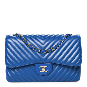 CHANEL Caviar Chevron Quilted Jumbo Double Flap Blue