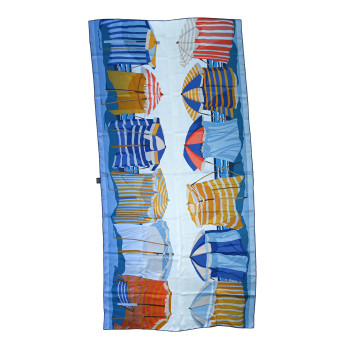 HERMES Silk Charmes Des Plages Normandes Scarf Stole Bleu Gold Coral