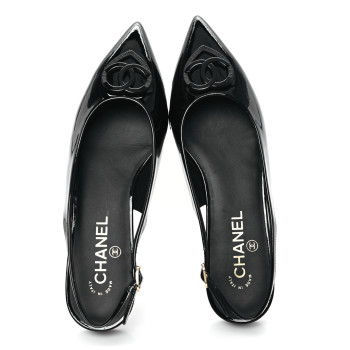 CHANEL Patent Heart CC Slingback Flats 37.5 Black