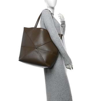 LOEWE Shiny Calfskin Medium Puzzle Fold Tote Umber
