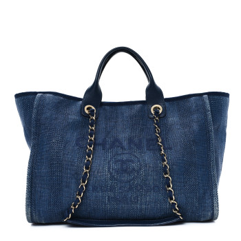 CHANEL Mixed Fibers Striped Medium Deauville Tote Navy Blue