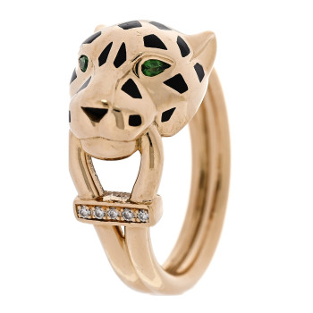 CARTIER 18K Yellow Gold Diamond Tsavorite Garnet Black Onyx Panthere de Cartier Ring 50 5.25