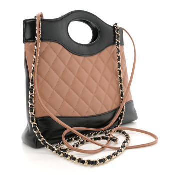 CHANEL Shiny Crumpled Calfskin Quilted Mini 31 Shopping Bag Dark Beige Black