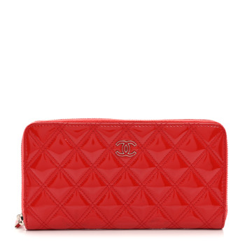 CHANEL Patent Quilted Double Stitched Zip Around Wallet Red