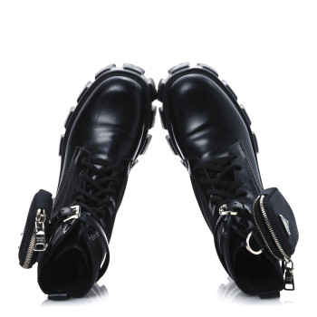 PRADA Spazzolato Rois Re-Nylon Metal Triangle Logo Monolith Pouch Pocket 55mm Boots 41 Black
