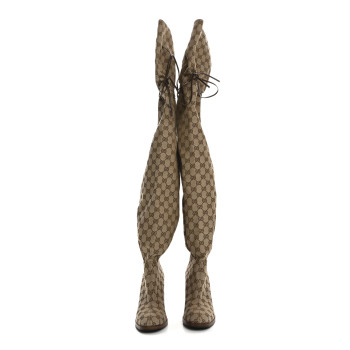 GUCCI Monogram Over the Knee Boots 39.5 Beige Ebony