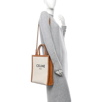 CELINE Canvas Calfskin Logo Print Small Vertical Cabas Natural Tan