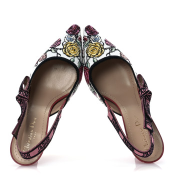 CHRISTIAN DIOR Canvas Florilegio Embroidered Ribbon J'Adior Slingback Pumps 38 White Multicolor