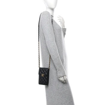 CHANEL Lambskin Quilted Lacquered Chain Phone Holder With Chain Black