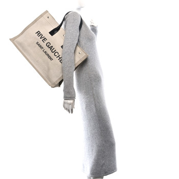 SAINT LAURENT Linen Calfskin Rive Gauche Tote Optic White