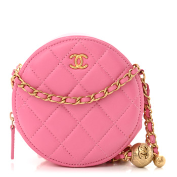 CHANEL Lambskin Quilted Round Pearl Crush Clutch With Chain Pink
