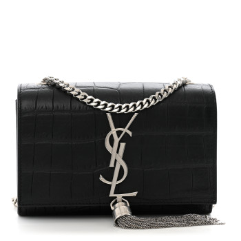 SAINT LAURENT Calfskin Crocodile Embossed Small Classic Monogram Kate Tassel Satchel Black