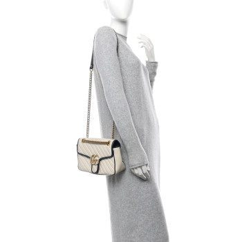 GUCCI Vintage Effect Calfskin Matelasse Diagonal Small Torchon GG Marmont Shoulder Bag Mystic White Blue Agata