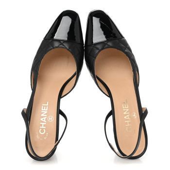 CHANEL Lambskin Patent Calfskin Quilted Cap Toe CC Slingback Pumps 40 Black