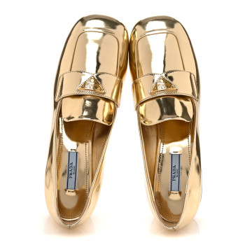 PRADA Metallic Patent Metal Triangle Logo 45mm Loafer Pumps 38.5 Platino