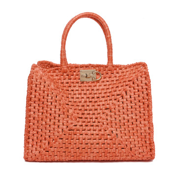 SALVATORE FERRAGAMO Raffia L Studio Box Tote Aragosta