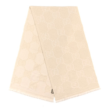 GUCCI Wool Lame Jacquard Monogram Jumbo GG Lady Nest Lux Scarf White Gold