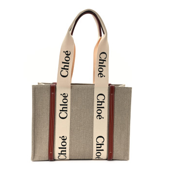 CHLOE Linen Calfskin Medium Woody Ribbon Tote White Brown