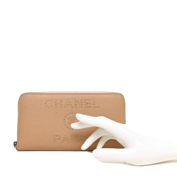 CHANEL Caviar Studded Deauville Large Zip Around Wallet Beige